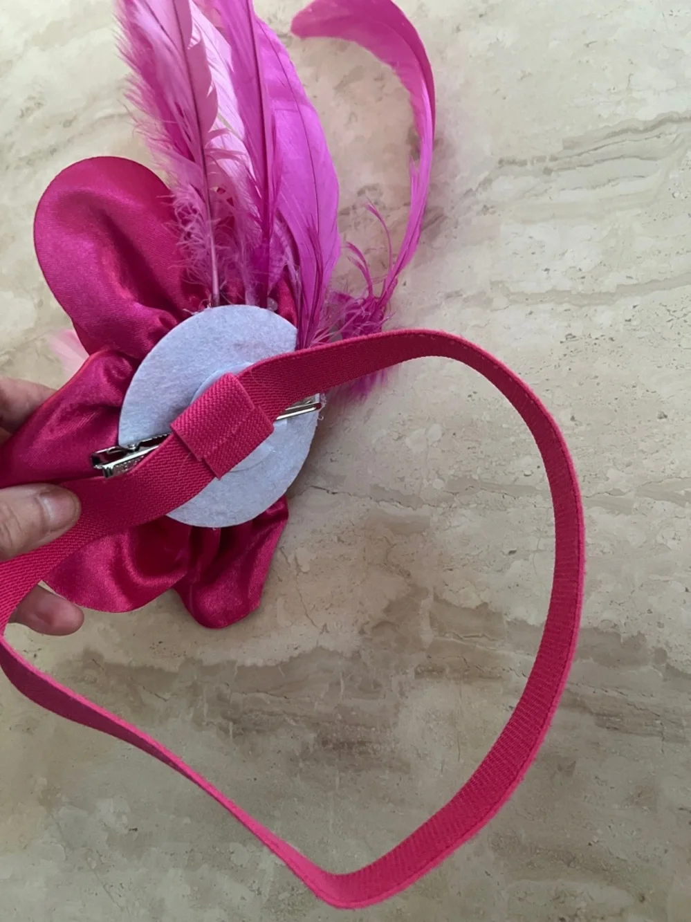 Derby Fuchsia Satin Rose and Feather Fascinator Hair Accessory or Band for Hat. - Picture 5 of 5